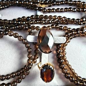 Vintage Smoky Quartz & Gold Solitaire Ring, 14k Necklace & Bracelet Set
